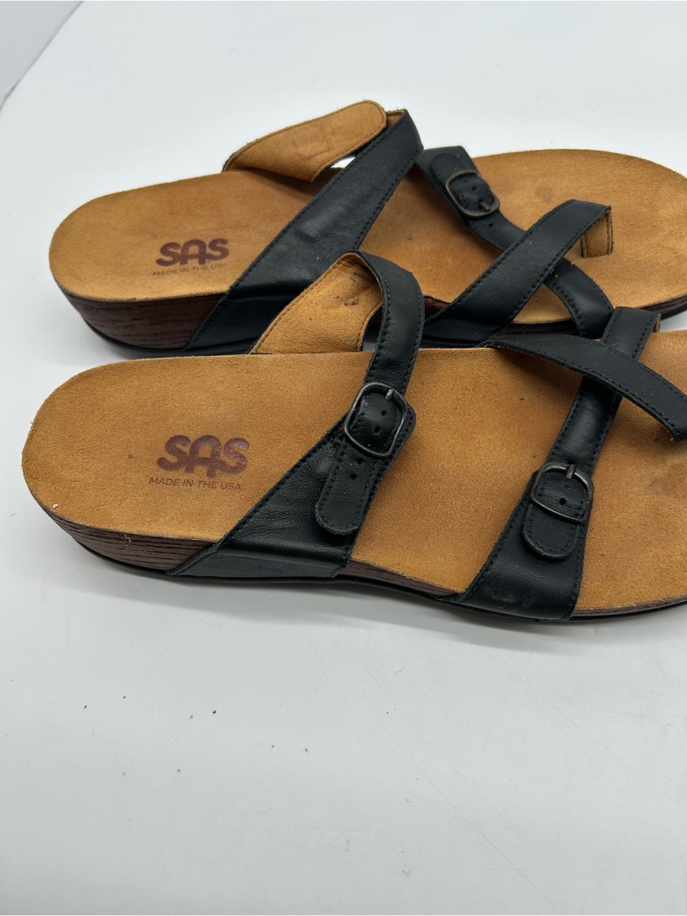 SAS Shelly Black Leather Cross-Strap Slide Sandals Size12M